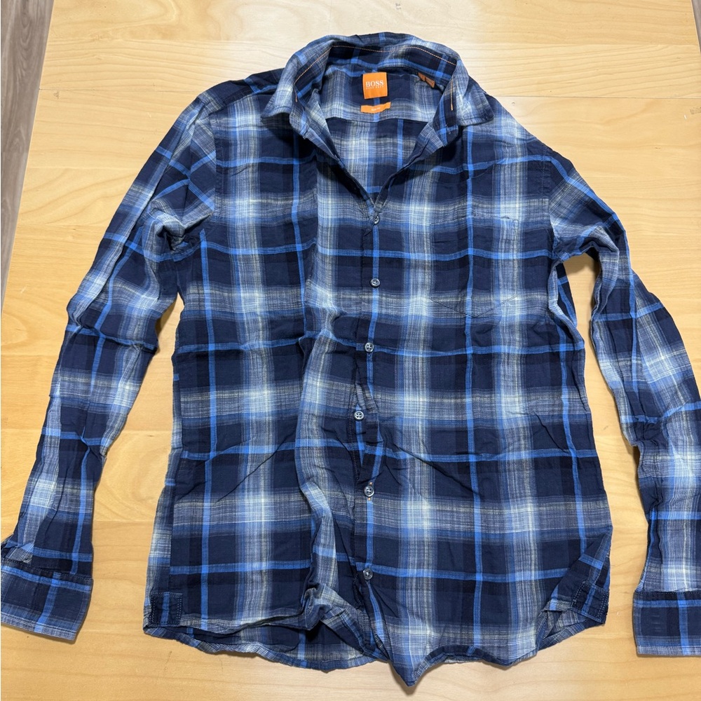 Hugo Boss Navy and Light Blue Plaid Shirt